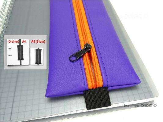 Mäppchen mit Gummiband, Kunstleder violett lila, Zipper orange, A5 / A4 Bullet Journal Ordner, by BuntMixxDesign